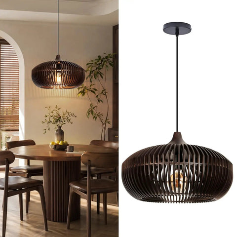 Arturesthome 1-Light Wooden Pendant Light Ceiling Hanging Light for Kitchen in espresso finish above dining table.