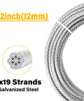 Half Inch Steel Cable Kit 10Ft 7x19 Aircraft Wire Rope With Loops, close-up of galvanized steel strands
