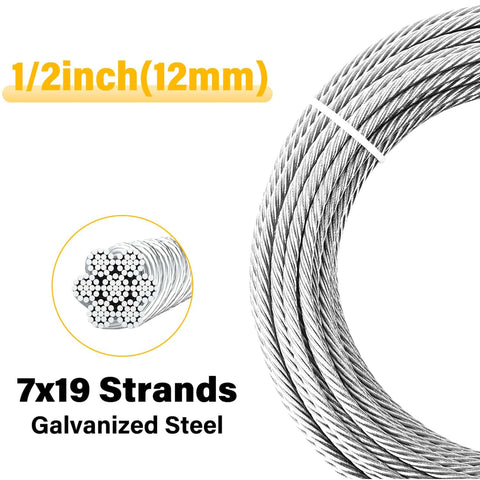Half Inch Steel Cable Kit 10Ft 7x19 Aircraft Wire Rope With Loops, close-up of galvanized steel strands