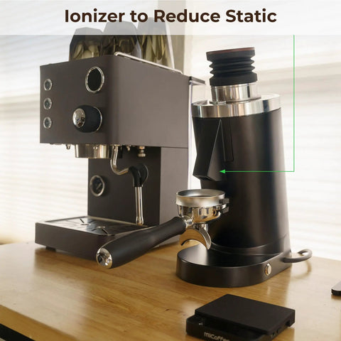 Top Shelf Single Dose Coffee Grinder Equipped With 83Mm Red Titanium Flat Burrs And Integrated Plasma Ionizer Chute For Zero Static Clumps Ideal For Home Brew Crews Chasing Consistent Pulls Without Any Headache In Classic Black with ionizer to reduce static.