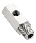 Oil pressure sensor tee adapter, stainless steel, 1/4 NPT male to 1/8 NPT female port, side view, silver