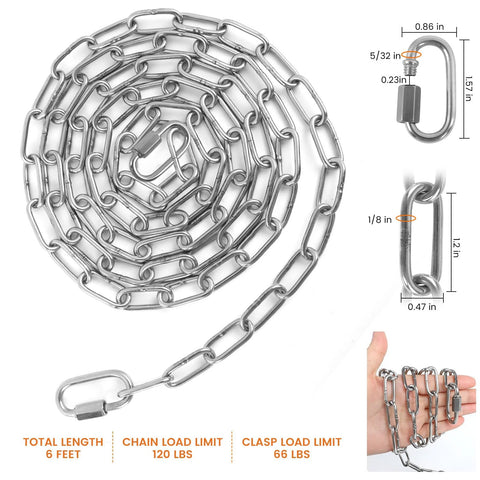 Image of a 6 Feet Lightweight Stainless Steel Chain With Hooks One Eighth Inch Thin Links Adjustable For Bird Feeders Plants Fruit Baskets And Decorative Hanging Silver Holds Up To One Hundred Twenty Pounds.