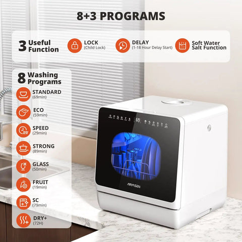 Compact Countertop Dishwasher With Built In Water Tank And Softener, slap sticky pots inside featuring 8 wash programs.