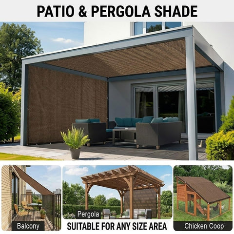 Mocha Shade Cloth With Ninety Percent UV Block Mesh Tarp For Patio Garden And Backyard Grommets Heavy Duty HDPE Shade Canopy Replacement Lightweight Yet Durable Ideal For Pergola And Outdoor Spaces over patio seating area.