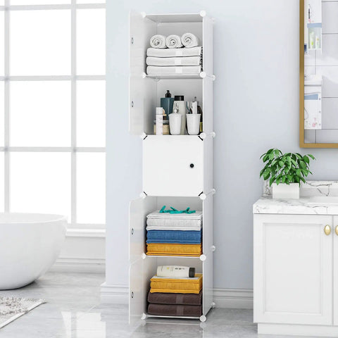 Five Cube Organizer Narrow Cabinet Shelves With Doors 11.8 Inch Cubes Plastic Storage Rack in bathroom setting
