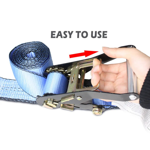 Hand using Heavy Duty Snap Hook Ratchet Straps 2 Inch By 114 Inch Axle Tie Down Set in blue with easy-to-use design
