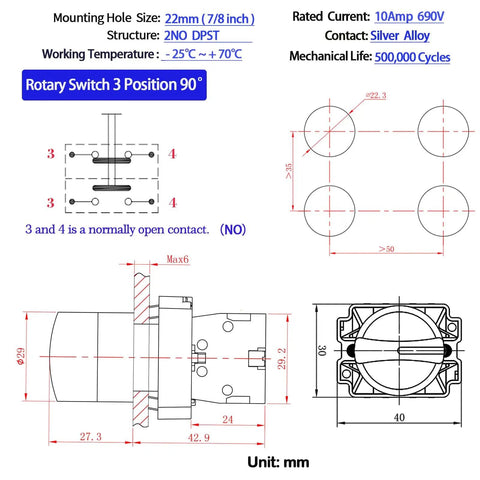 Technical diagram of Three-Position Latching Rotary Switch With LED Status Indicators, 10A 660VAC DPST 2NO, IP65 Waterproof.