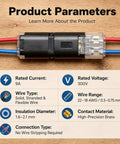 Fast Locking Double Wire Plug In Connector With Locking Buckle For No Tool Splices, specs overview with wires, 20 Pack, 18-22 AWG.