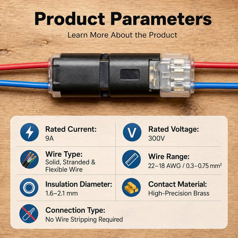 Fast Locking Double Wire Plug In Connector With Locking Buckle For No Tool Splices, specs overview with wires, 20 Pack, 18-22 AWG.