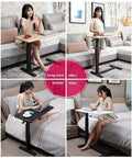 Adjustable Folding Laptop Table With Smooth Casters Total Game Changer For Couch Bed Or Office Setup Easy Roll Mobility with user in living room and bedside.
