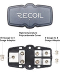 Powerful 2 Way Mini ANL Fused Distribution Block With 60A 80A 100A Fuses, Beefy Forged Brass Construction, In 0/2/4 Gauge And Out 4/8 Gauge, Marine Grade Satin Chrome Finish, High Temp Polycarbonate Housing, Built For Maximum Power Transfer. RECOIL cover and fuse block with 1/0 to 4 and 4 to 8 gauge adaptors
