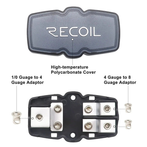 Powerful 2 Way Mini ANL Fused Distribution Block With 60A 80A 100A Fuses, Beefy Forged Brass Construction, In 0/2/4 Gauge And Out 4/8 Gauge, Marine Grade Satin Chrome Finish, High Temp Polycarbonate Housing, Built For Maximum Power Transfer. RECOIL cover and fuse block with 1/0 to 4 and 4 to 8 gauge adaptors