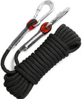 10mm Static Rock Climbing Rope 35ft with Carabiner for Outdoor Safety and Climbing Adventures, Black Polyester Lifeline.
