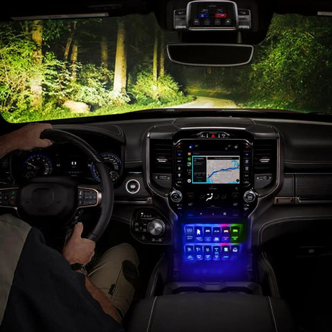 Interior view of vehicle dashboard with illuminated Led Pod Lights Wiring Harness Kit With 12V 5Pin Rocker Switch SPST