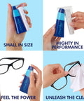 Portable eyeglass lens cleaner kit: blue refillable spray bottle with microfiber cloth for travel use