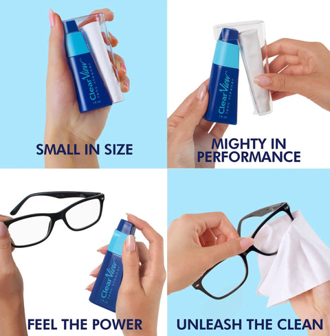 Portable eyeglass lens cleaner kit: blue refillable spray bottle with microfiber cloth for travel use
