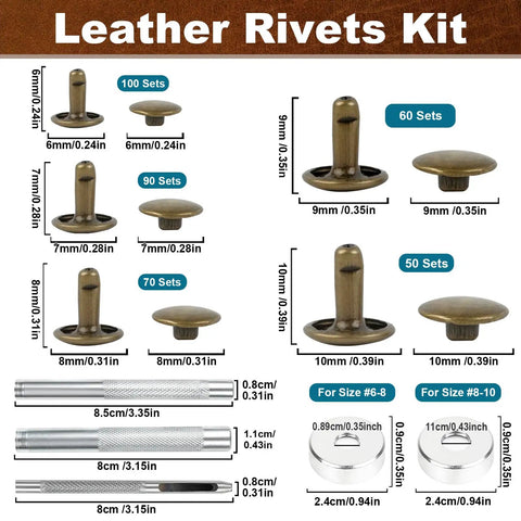 Leather Rivet Kit Pro Grade With 370 Brass Double Cap Rivets And Full Size Tools diagram showing rivet sizes 6x6mm to 10x10mm.