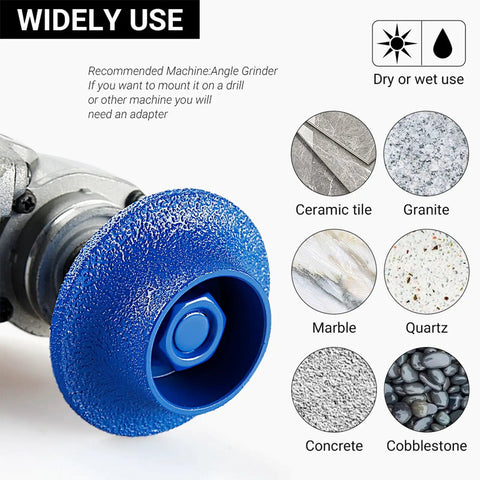 Kickass 3 Inch Diamond Profile Wheel Vacuum Brazed Segmented Edge Grinding Disc 5/8 11 Arbor mounted on angle grinder for ceramic tile and granite.