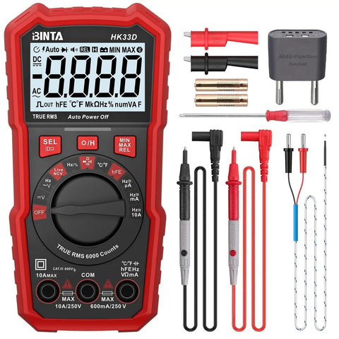 6000 Counts Auto Ranging Digital Multimeter With NCV Non Contact Voltage Tester with leads and accessories displayed