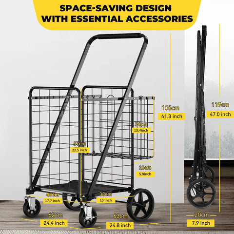 Beast Mode Folding Shopping Cart With Four And A Half Cu Ft Capacity 420 Lb Hauling Power space-saving design, measured dimensions.