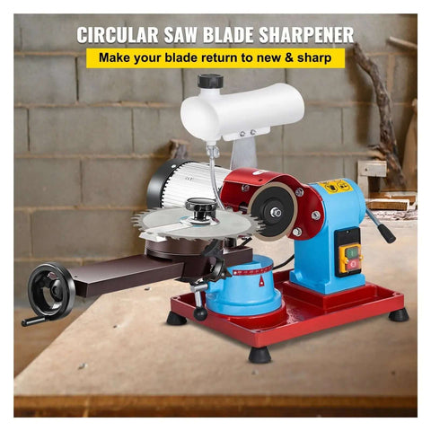 Built Like A Tank 370W Blade Sharpener With Wet Cooling Chamber For Circular And Carbide Edges, close-up view of sharpener in woodworking shop.