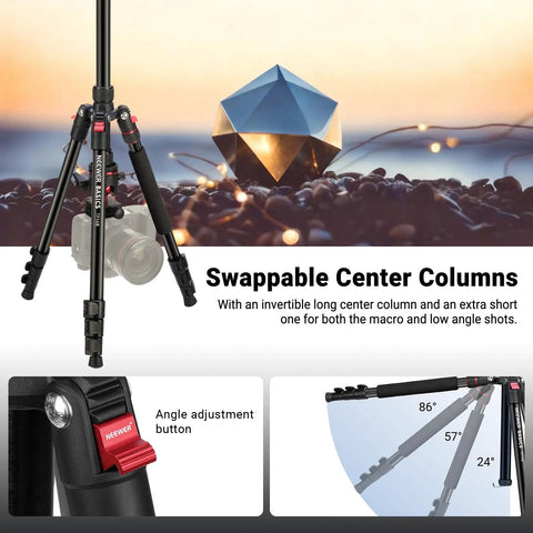 72 Inch Travel Tripod and Monopod for Cameras and Mobile Phones with Arca Type Ball Head, adjustable angle, center columns