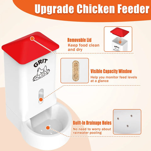 Heavy Duty 2 Pack Poultry Grit And Oyster Shell Feeder With Clear Viewing Window And Quick Drainage Holes features removable lid, drainage holes, and capacity window.