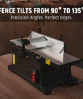 Six Inch Benchtop Jointer With 15 Amp Motor And 12000 Rpm For Slick Cuts Adjustable Fence Up To One Eighth Inch Depth Hss Blades Rock Solid Woodworking Table Jointer Kit showing adjustable fence tilting from 90° to 135°.