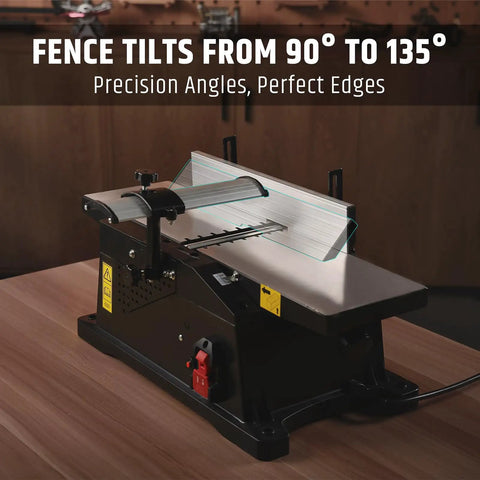 Six Inch Benchtop Jointer With 15 Amp Motor And 12000 Rpm For Slick Cuts Adjustable Fence Up To One Eighth Inch Depth Hss Blades Rock Solid Woodworking Table Jointer Kit showing adjustable fence tilting from 90° to 135°.