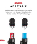 EDC Pen Light Flashlight 360 Lumens, Rechargeable USB or AAA Powered with Flex-Power technology, battery compatibility shown