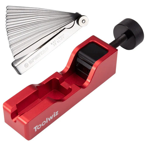 Spark Plug Gap Tool With 32 Blade Steel Feeler Gauge for 10mm-16mm spark plugs, red tool with knob, showing blades.