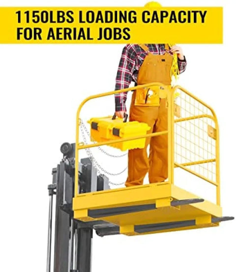 Built Tough Heavy Duty Forklift Safety Cage Solid Steel Worker Basket Platform 1150 Lbs Bad Boy Load Rating with worker holding toolbox.