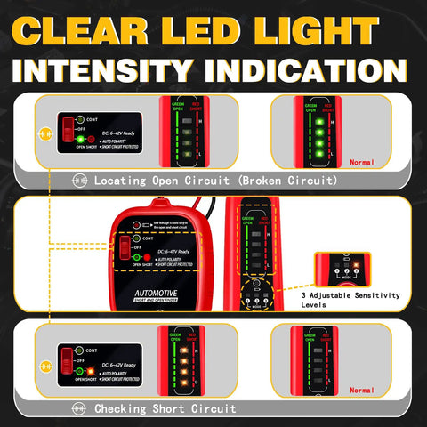 Automotive Wire Tracer Open And Short Finder Circuit Tester and Wire Breaker Locator showing LED indicators and settings.