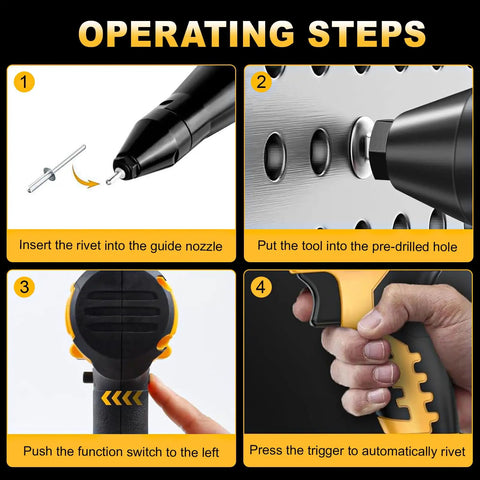 Operating steps for Cordless Pop Rivet Gun Kit For DeWalt 20V Max Brushless Automatic Riveting Tool with 3 rivet sizes