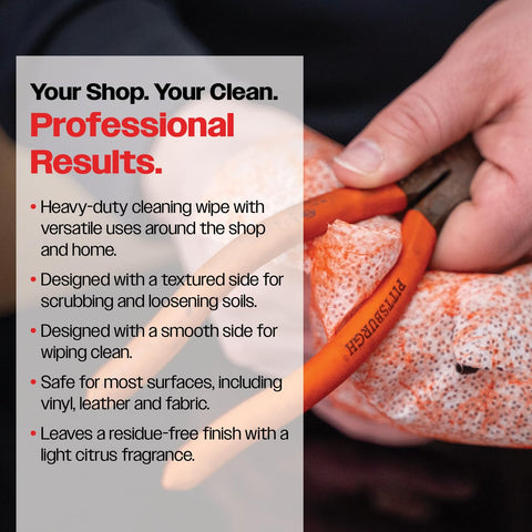 Close-up of hands using Heavy Duty Cleaning Wipes For Home And Auto With Dual Sided Texture Wet Wipes That Power Through Grease Tar Paint Oil Dirt Without Residue Safe On Hands Made In USA 130 Wipes on pliers.