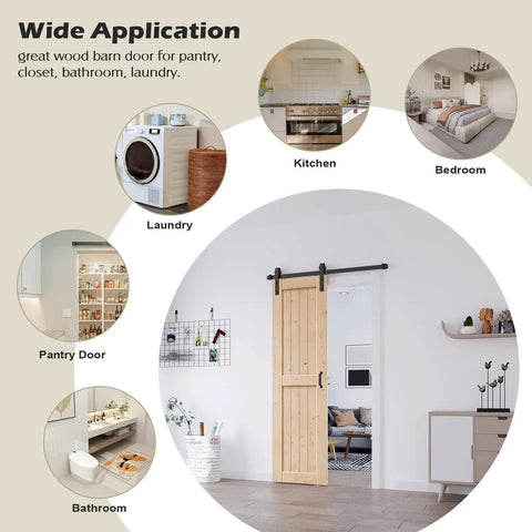 Top Notch Solid Spruce Sliding Barn Door 24 X 84 Inches Interior Wood Panel Slab shown in a home setting for various uses.
