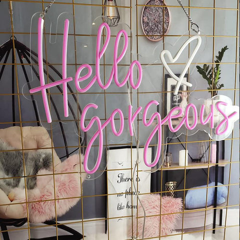 Neon Sign Wall Art Light for Bedroom Bar Pub Club Rave Decor 60x37cm, LED neon sign 'Hello Gorgeous' in a modern interior setting.