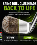 Three In One Golf Club Polish And Cleaner For Irons Wedges And Putters Keep Your Clubs Looking Fresh Restore Shine Clean Grooves Remove Rust Scuffs Stains And Oxidation On Stainless Steel Aluminum And Zinc 6.76 Fl Oz before-and-after golf club head