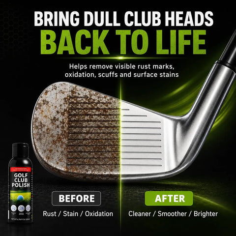 Three In One Golf Club Polish And Cleaner For Irons Wedges And Putters Keep Your Clubs Looking Fresh Restore Shine Clean Grooves Remove Rust Scuffs Stains And Oxidation On Stainless Steel Aluminum And Zinc 6.76 Fl Oz before-and-after golf club head