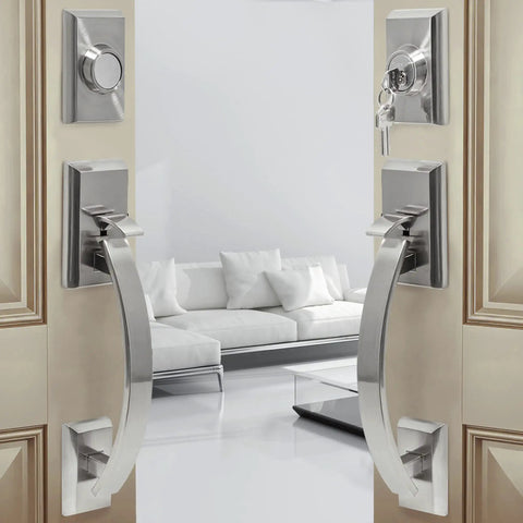 Front Door Handleset Double Door Lock Set In Satin Nickel With Deadbolt For Entry Doors, easy install hardware on double doors