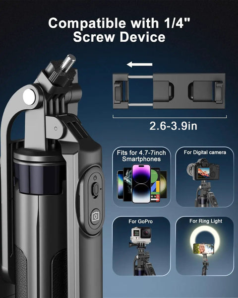 71 Inch Phone Tripod With Fill Light And Rechargeable Remote Aluminum Selfie Stick Stand for various devices, close-up