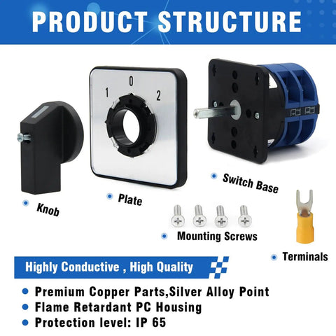 Heavy Duty 32A Rotary Changeover Switch 660V Three Position Two Phase With Eight Terminals, IP65 Rated Universal Selector Switch components