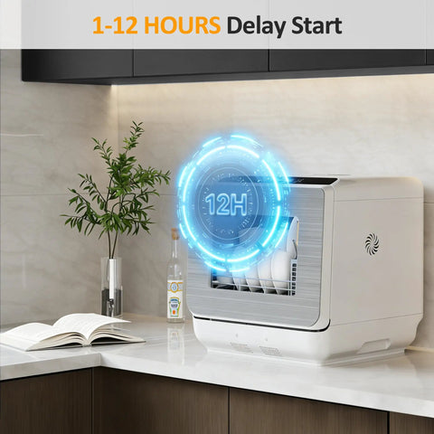 Top Tier Portable Countertop Dishwasher For Apartments And Dorms Featuring Plug And Play Setup with delay start feature displayed.