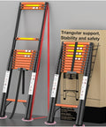 Heavy Duty Telescoping Ladder 16.5 Foot Aluminum Extension Climb Rig Featuring Snappy Lock Pins and Non Slip Treads for Smooth House Jobs that Shoulder Up to 330 Lbs No Sweat leaning against a wall.