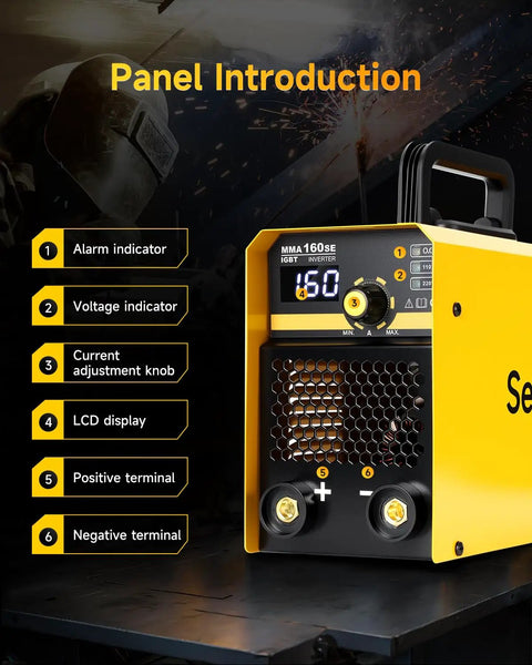 Close-up of Dual Voltage Stick Welder With Digital Display And IGBT Inverter showing control panel and indicators