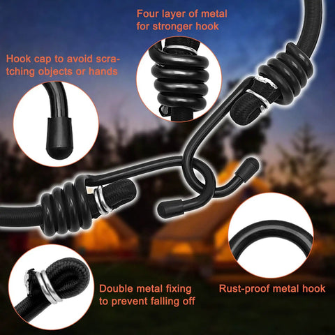 Detailed view of Heavy Duty 24 Inch Bungee Cords With Hooks Pack Of 4 Black Built Tough Industrial Grade Outdoor Tie Downs features