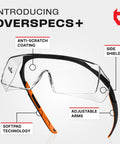 Over Eyeglasses Safety Glasses featuring anti-scratch lenses, side shields, adjustable temples, and anti-slip tips
