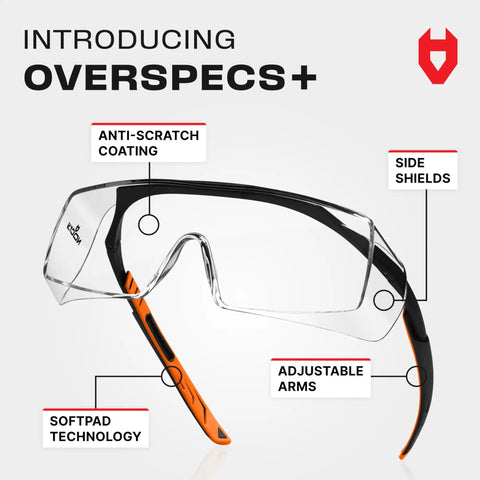 Over Eyeglasses Safety Glasses featuring anti-scratch lenses, side shields, adjustable temples, and anti-slip tips