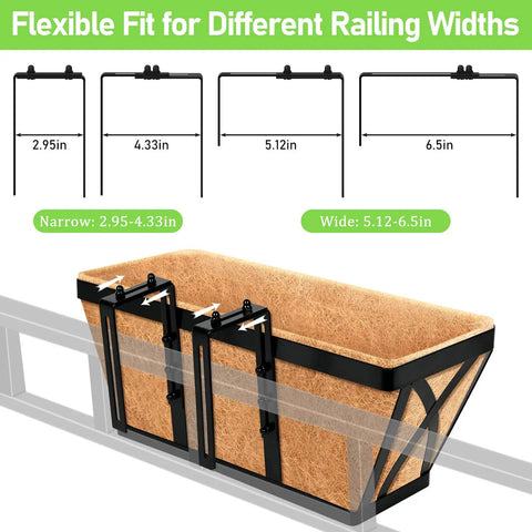 Two Pack 16 Inch Metal Railing Planters With Coco Liners Adjustable Window Box for variable railing widths