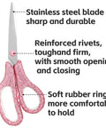 Pink scissors from Sparkle Pink 4Pc Stapler And Tape Dispenser Set, with rhinestones, stainless steel blade, and soft rubber handles.